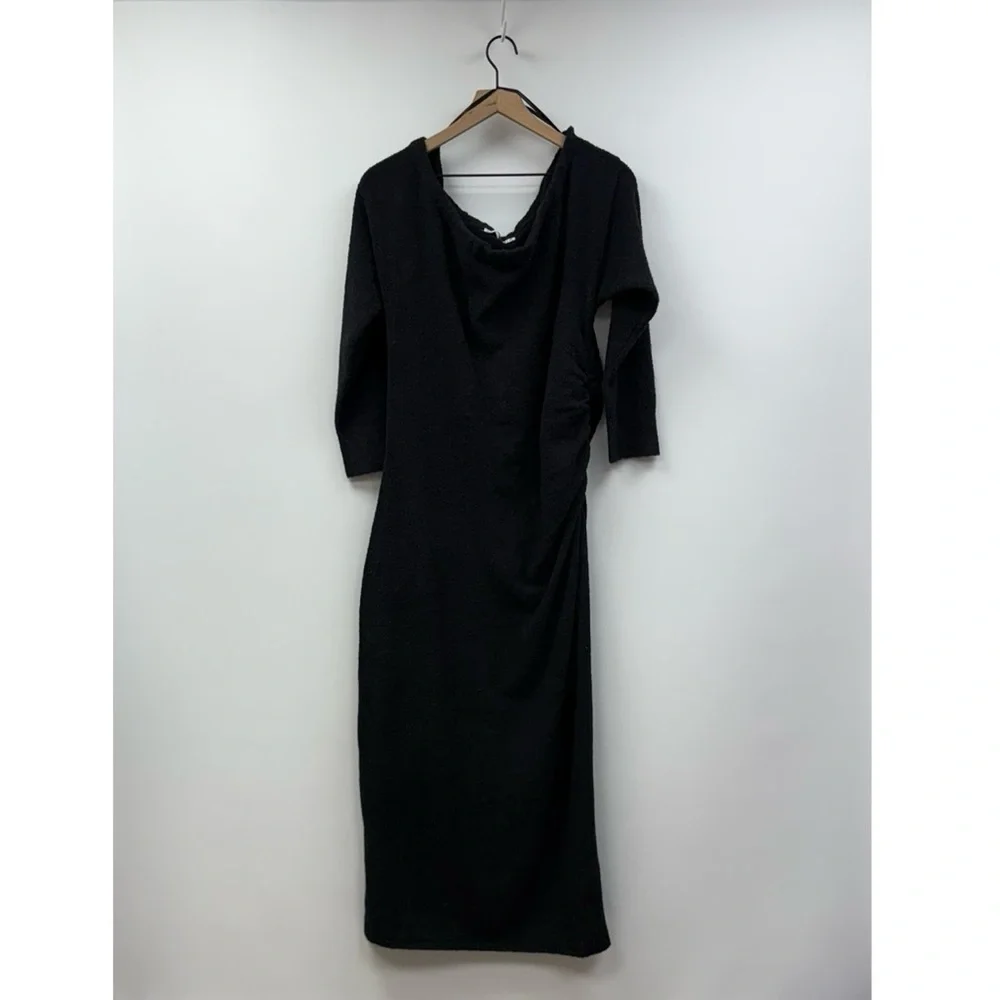 Abercrombie & Fitch Boucle Knit Off-the-Shoulder Ruched Maxi Dress Black LP